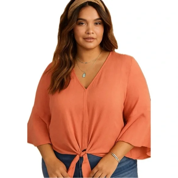 Torrid NEW Textured Woven Tie Front Top Crabapple Coral Orange Medium Large L 10 - Picture 15 of 15